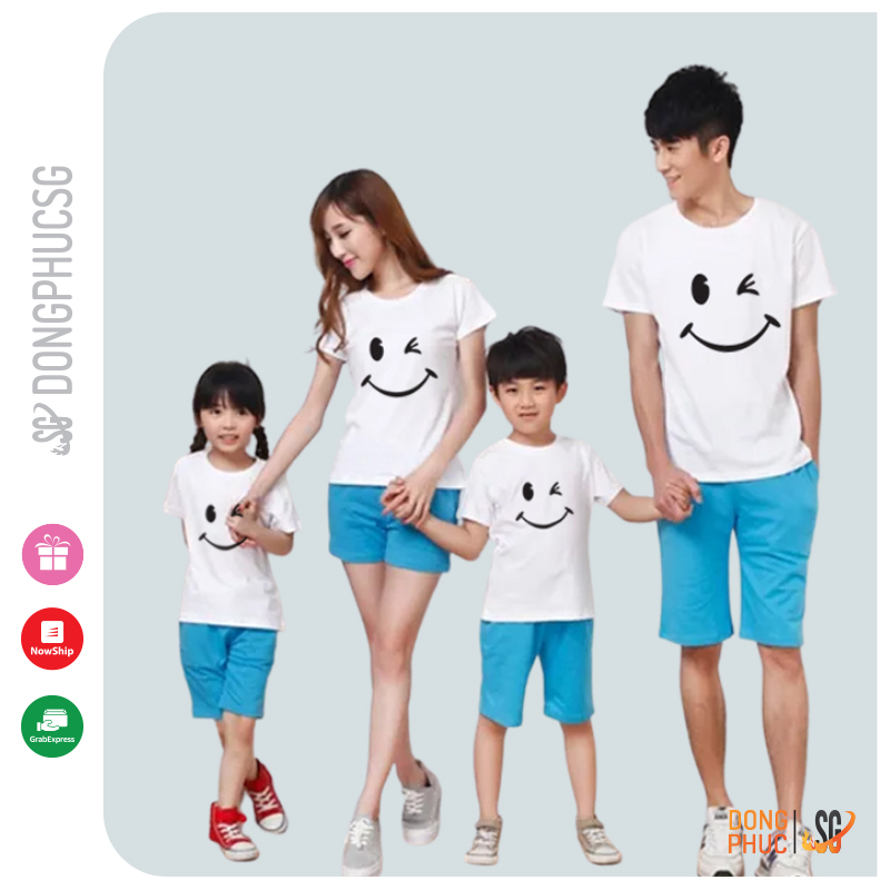 Áo gia đình mặt cười Đồng phục gia đình 3/4/5 người Áo đôi mẹ và bé Thun cotton Màu trắng GD314T