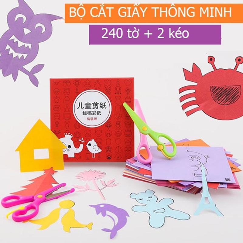 Bộ Đồ Chơi Thủ Công Cắt Giấy Cho Bé Hộp 240 Tờ Và 2 Kéo