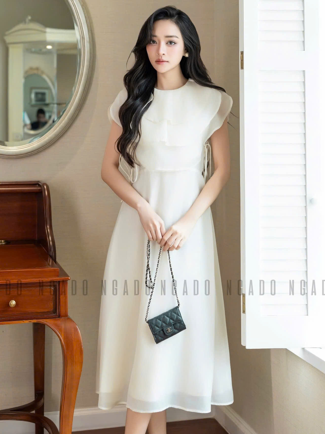 Đầm kem cổ xếp tầng NGADO , đầm xòe
