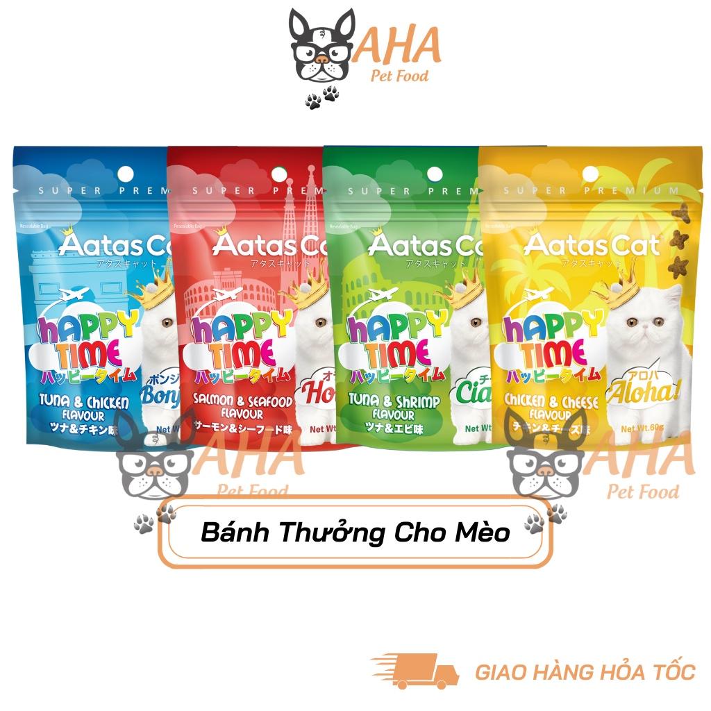 bánh thưởng cho mèo Aatas Cat 1 Bao 60g - Snack Happy Time cho mèo có 4 vị Cá Hồi, Cá Ngừ, Thịt Gà, Hải Sâm, Phô Mai