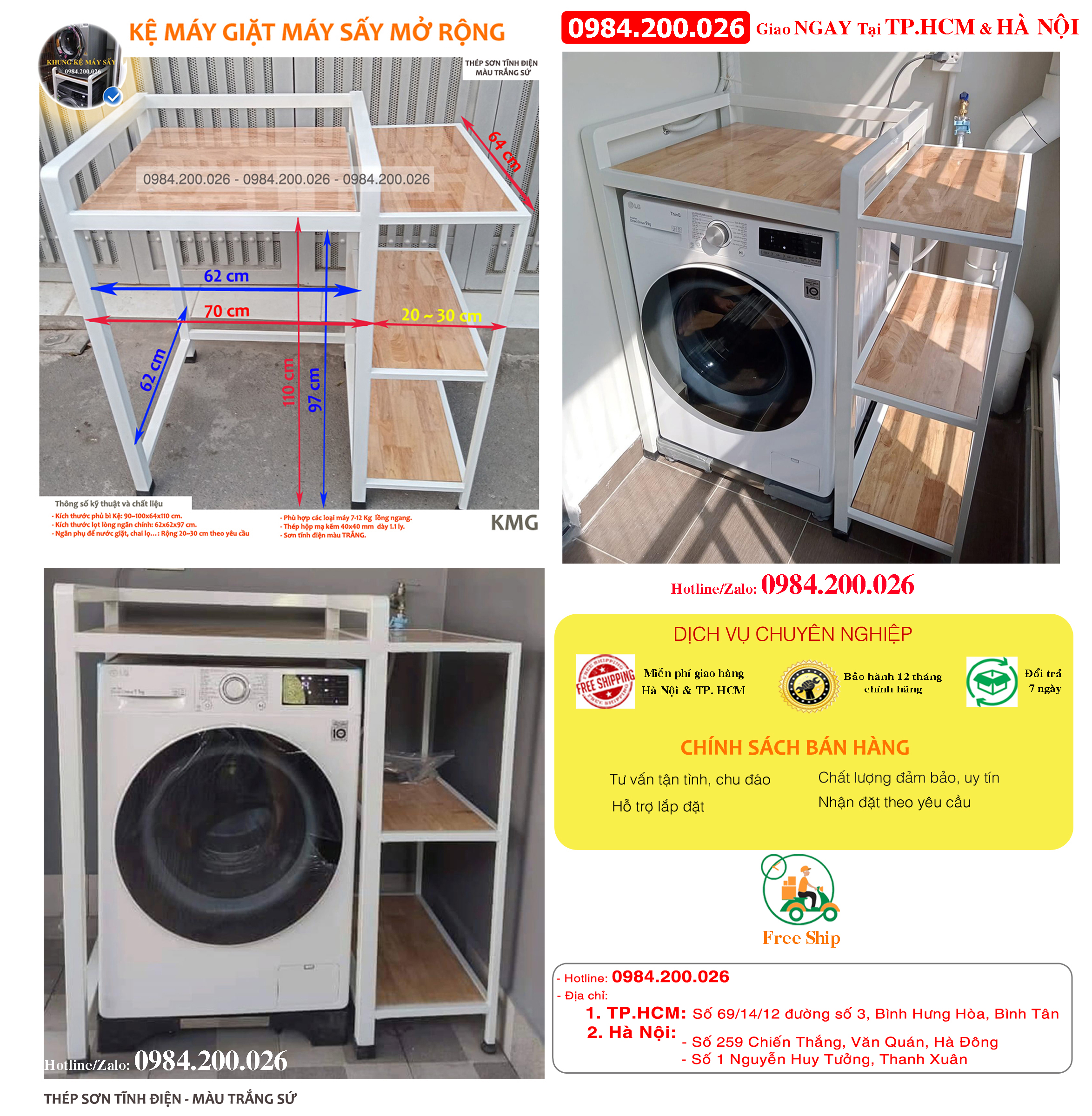 Kệ máy giặt máy sấy mở rộng sơn tĩnh điện - Thép hộp 40x40 hàn liền khối, sơn tĩnh điện, mặt gỗ tự nhiên chịu tải >300kg