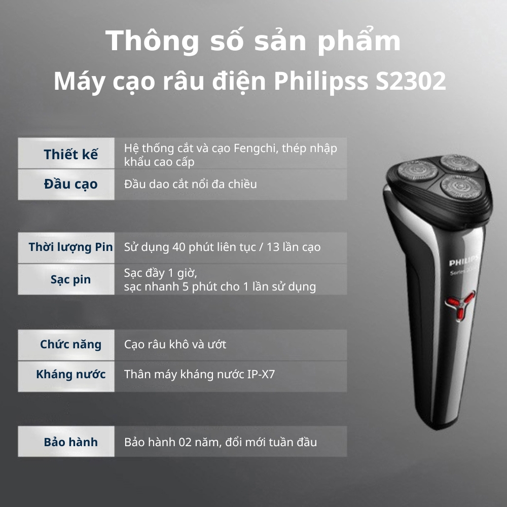 Máy cạo râu điện Philips S2302 - Bản nâng cấp của S1301 S1203, cạo khô &amp; ướt, Pin sạc nhanh - Hàng nhập khẩu