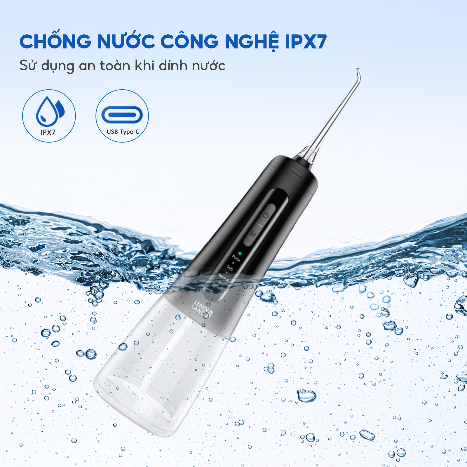 Máy tăm nước Lebenlang cầm tay LBT1499, IPX7 chống thấm nước 2000mah, 300ml, tích hợp pin, bảo hành 2 năm - chính hãng