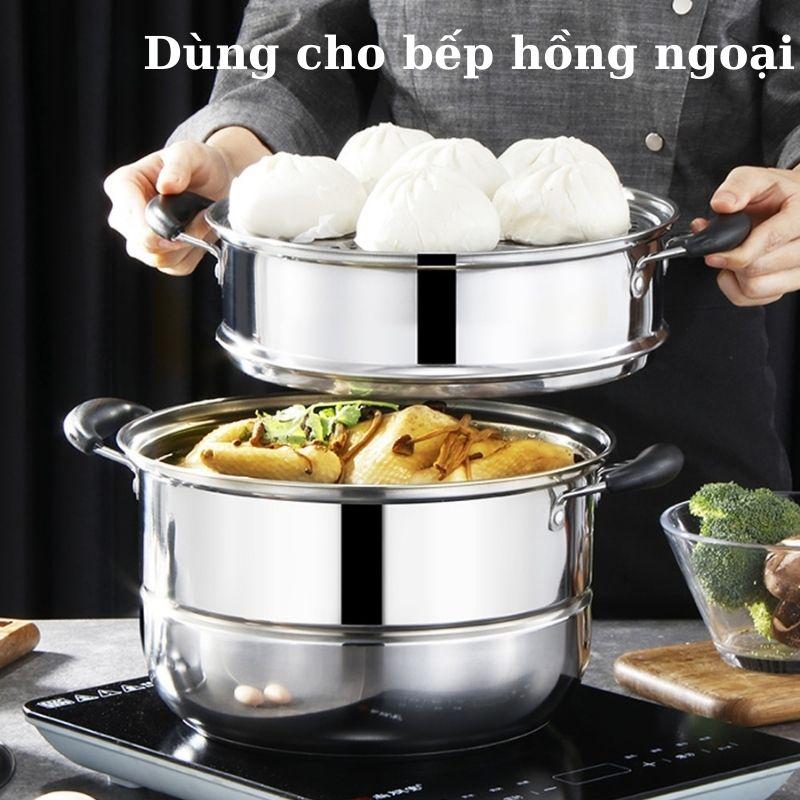 Nồi hấp 3 tầng 2 tầng inox dùng cho bếp từ bếp ga bếp hồng ngoại kèm 1 vỉ hấp và 1 xửng hấp