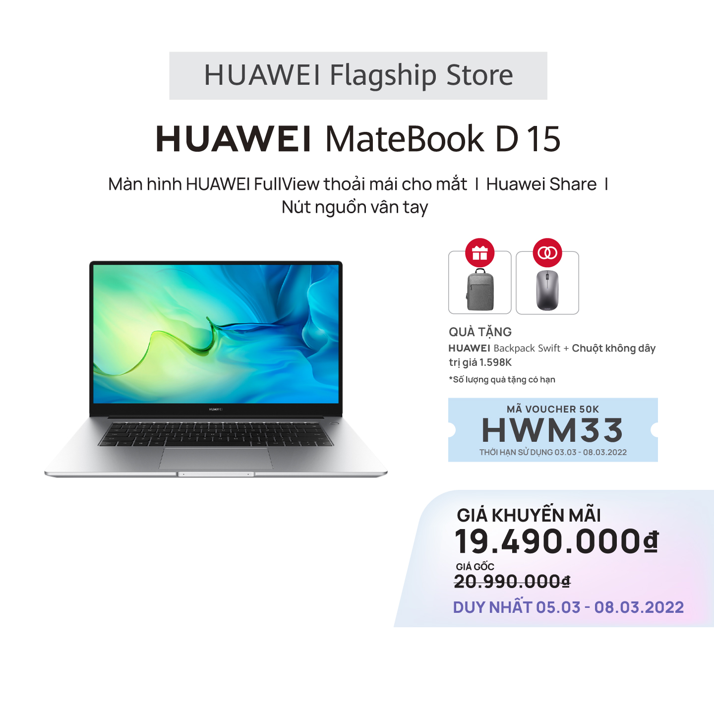 Máy Tính Xách Tay HUAWEI MateBook D 15 (8GB/512GBGB) | Intel Core i5 Thế Hệ Thứ 11| Màn Hình HUAWEI Fullview | Huawei Share | Nút Nguồn Vân Tay | Hàng Chính Hãng
