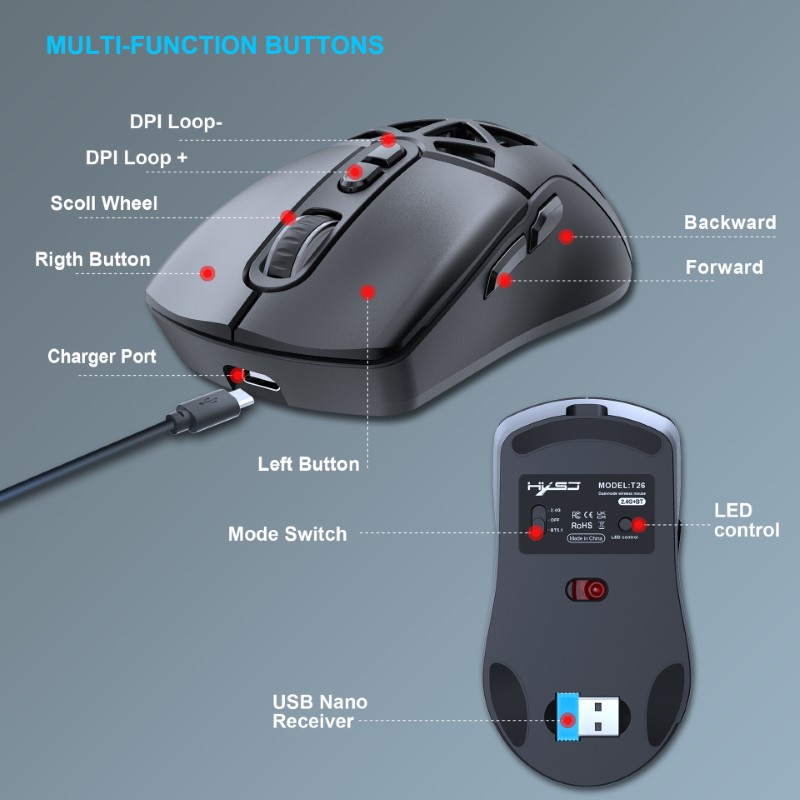 Chuột Không Dây T26s Gaming led RGB Bluetooth + Usb2.4G Pin sạc cổng TypeC chống mỏi cổ tay cho máy tính laptop hàng nhập khẩu
