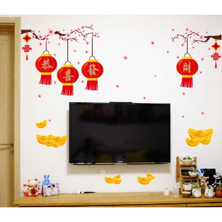 Decal trang trí Tết - Lồng đèn đỏ và nén Vàng chúc Xuân