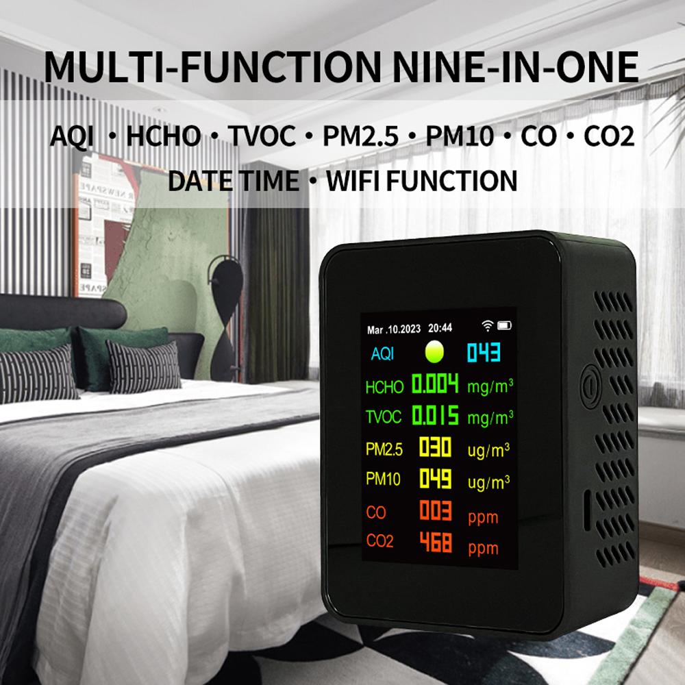Tuya Wifi Portable Air Quality Meter 7in1 PM2.5 PM10 Carbonic Oxide Carbon Dioxide TVOC HCHO AQI Tester TFT Color Screen Carbon Dioxide Detector with Time and Date Display Function