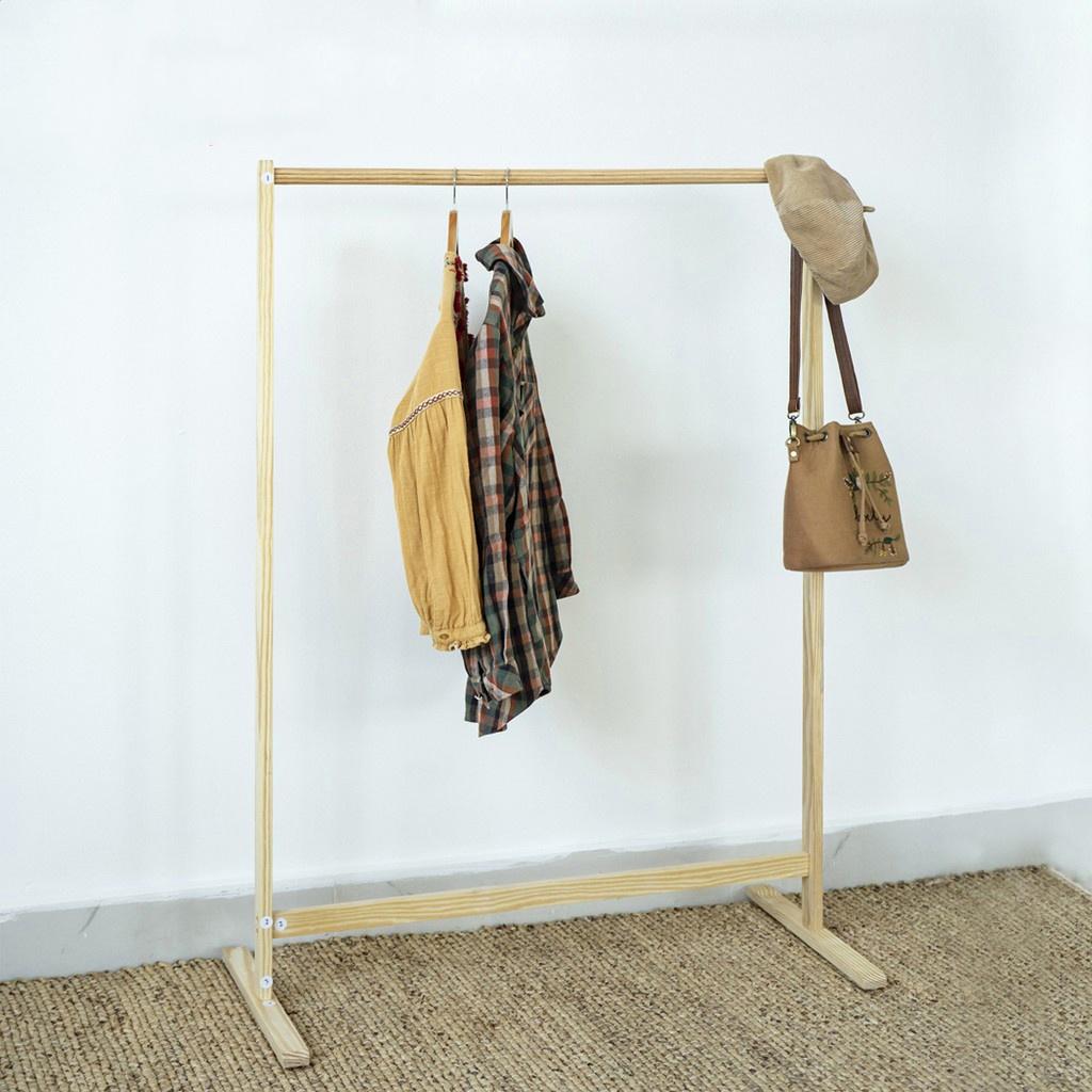 Giá treo quần áo decor phòng gỗ thông kèm mắc áo 123x86x44cm, giá phơi quần áo thanh đơn đa năng - kagu
