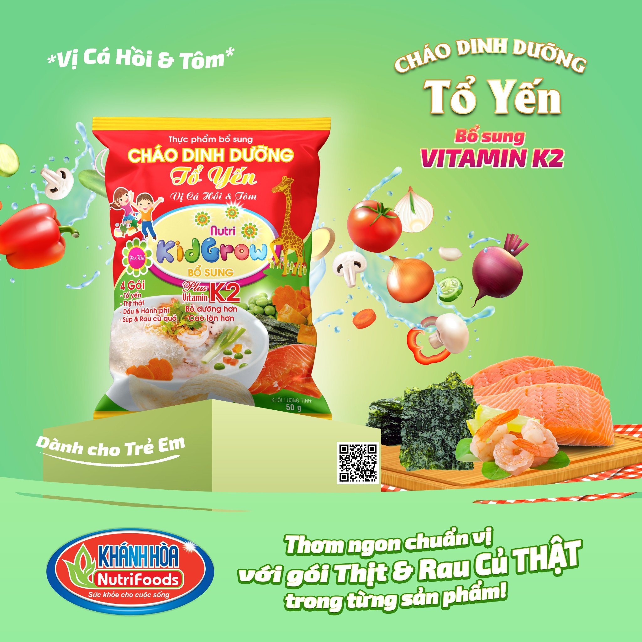 Cháo Dinh Dưỡng Tổ Yến Nutri Kidgrow Vị Cá Hồi &amp; Tôm Bổ Sung Vitamin K2 - Khánh Hòa Nutrifoods -Gói 50 Gram / Thùng 30 Gói