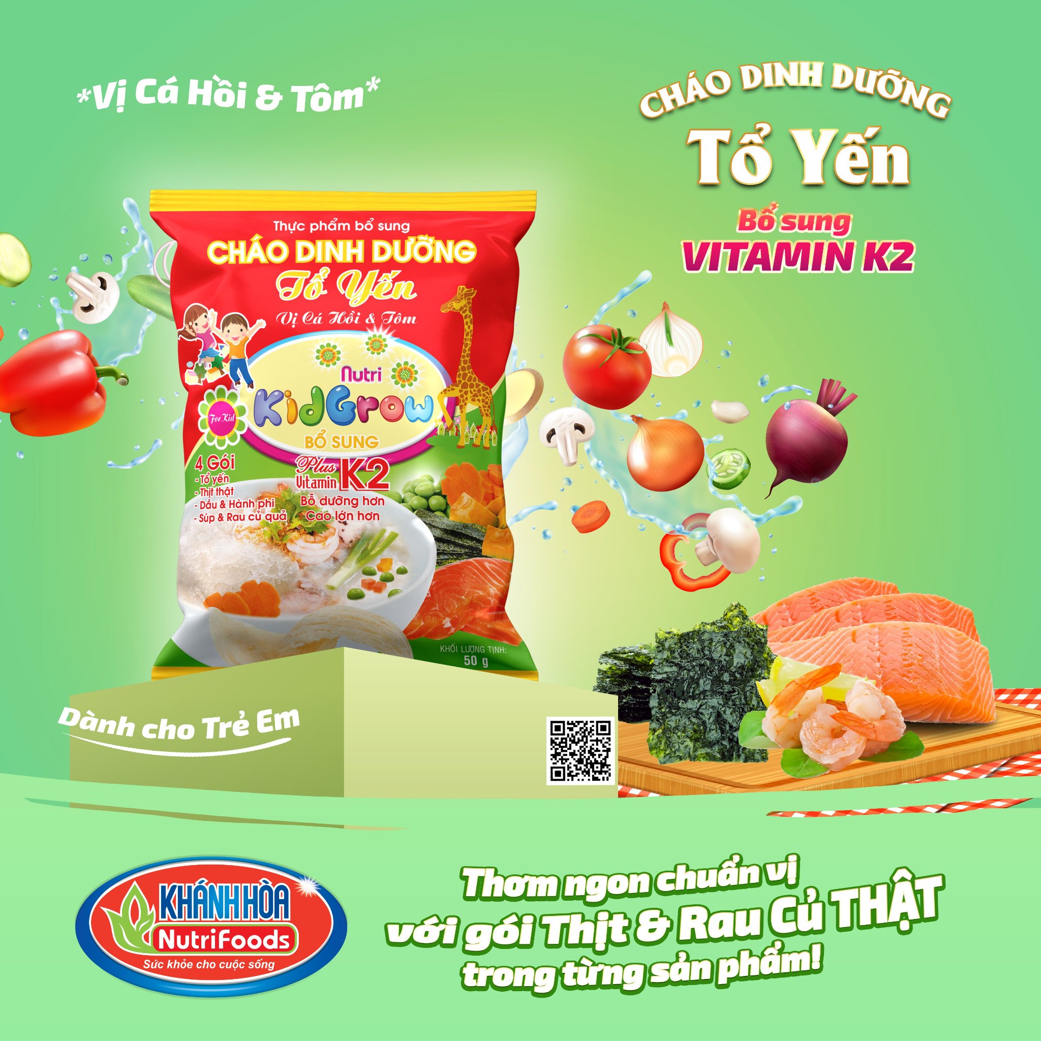 Cháo Dinh Dưỡng Tổ Yến Nutri Kidgrow Vị Cá Hồi & Tôm Bổ Sung Vitamin K2 - Khánh Hòa Nutrifoods -Gói 50 Gram / Thùng 30 Gói