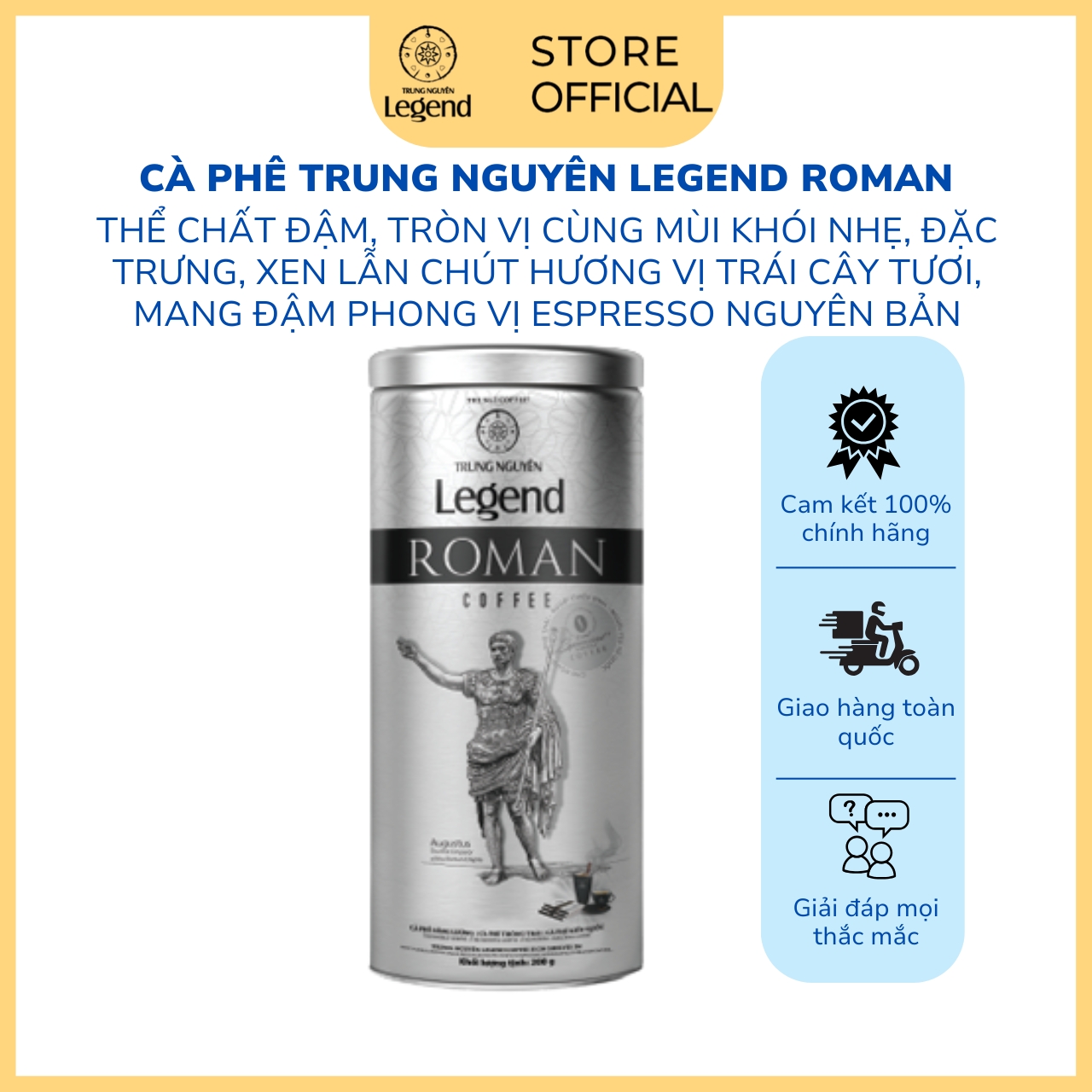 Cà Phê Rang Xay Trung Nguyên Legend Roman - Lon 200gr - Phong Cách Espresso Nguyên Bản, Đậm Đà, Hương Trái Cây Tươi