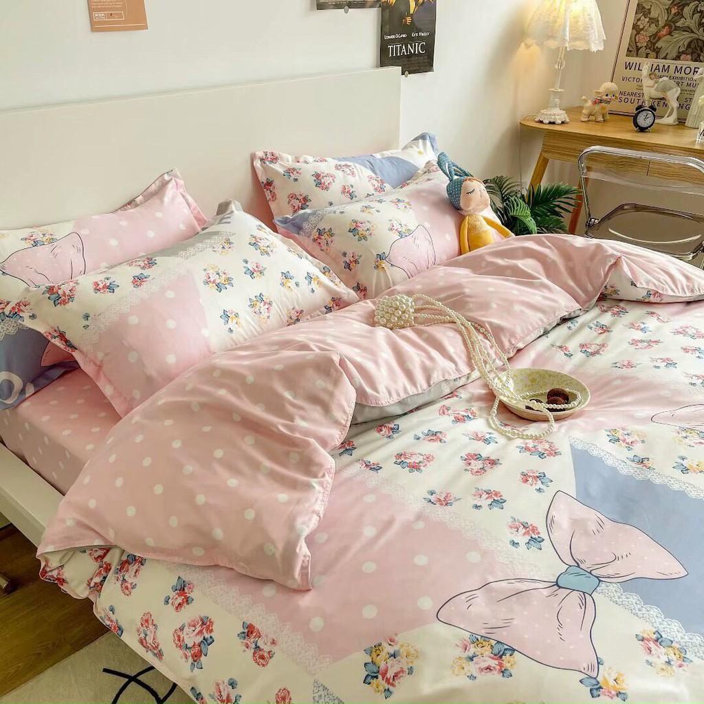 Bộ chăn ga gối Cotton Poly M2T bedding Cánh hồng, vỏ chăn mền, drap giường và 2 vỏ gối