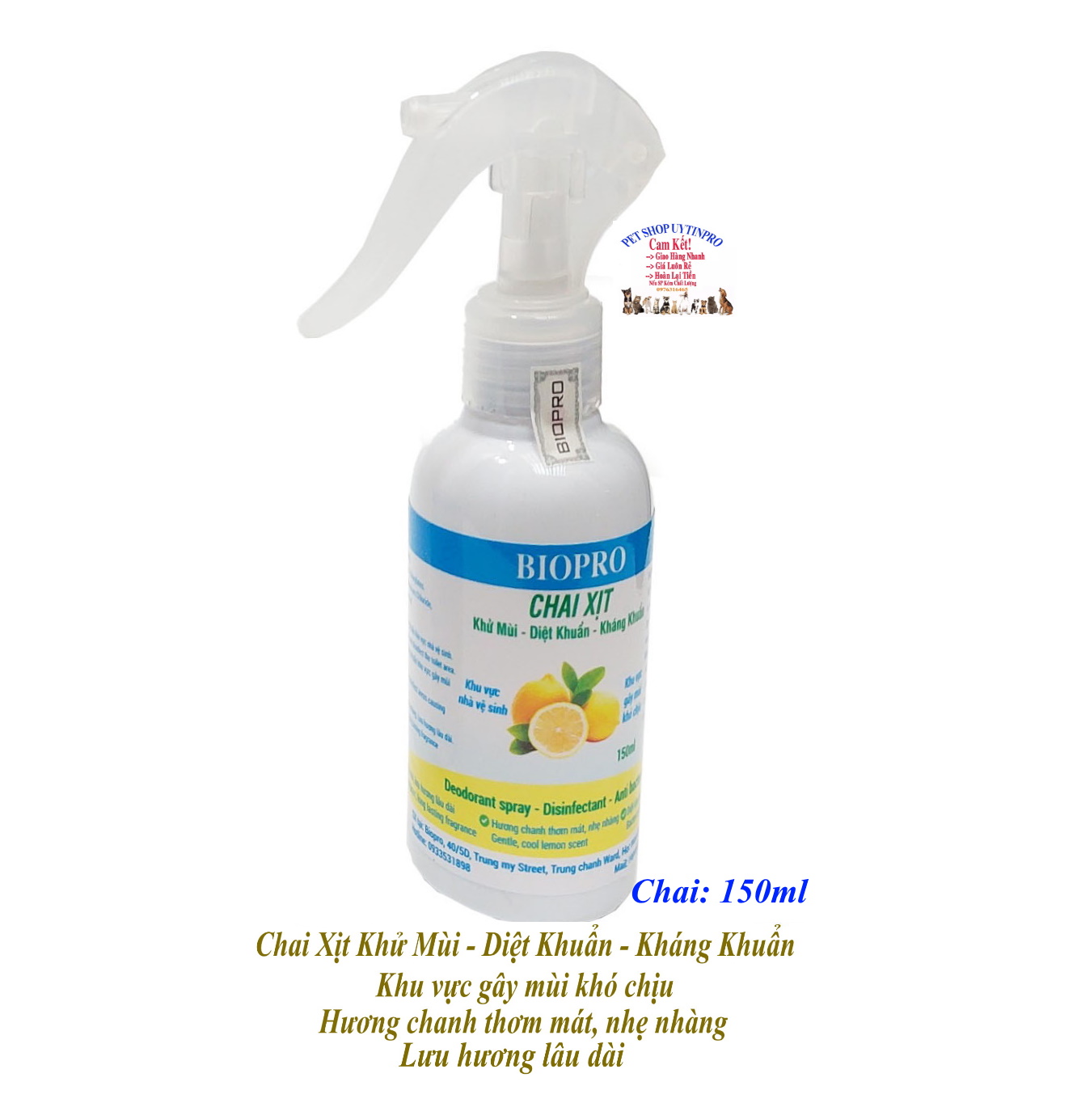 Chai xịt 150ml Biopro khử mùi diệt khuẩn kháng khuẩn Khu vực gây mùi khó chịu Khu vực nhà vệ sinh Hương chanh thơm mát