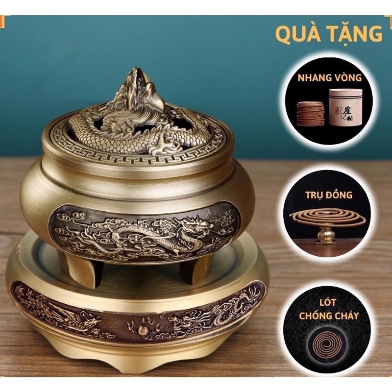 Bộ Lư xông trầm bằng đồng đúc hình rồng nổi và đế long phụng size to