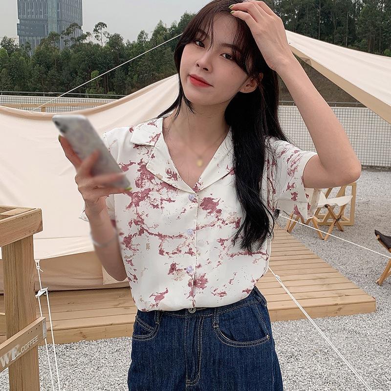 Áo Chiffon Tay Ngắn Dáng Rộng Họa Tiết In Thời Trang Cho Nữ