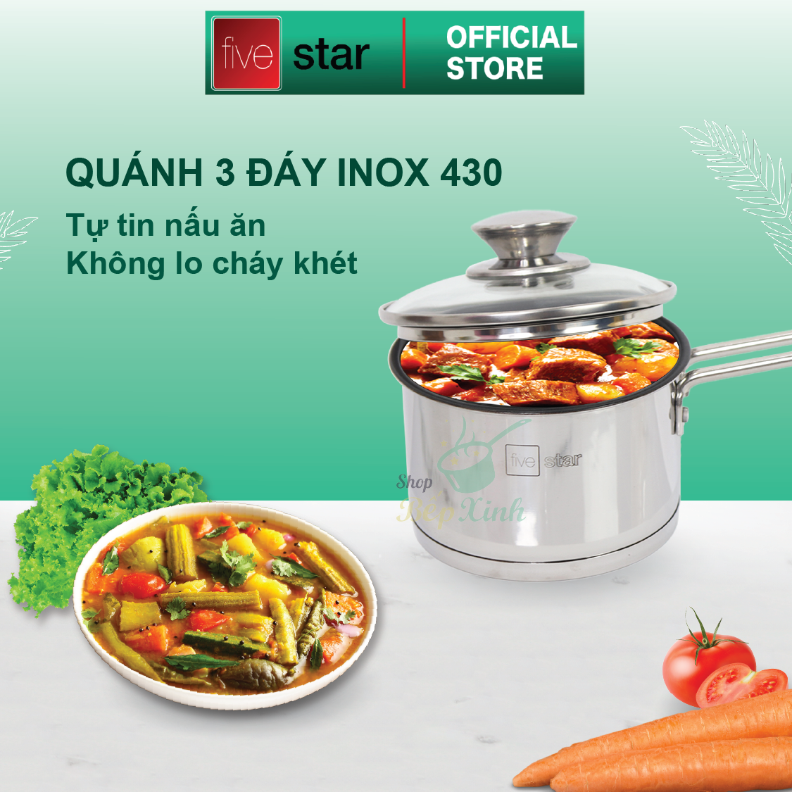 Quánh 3 đáy inox 430  Standard nắp kính bếp từ FSQ14001 (14cm)