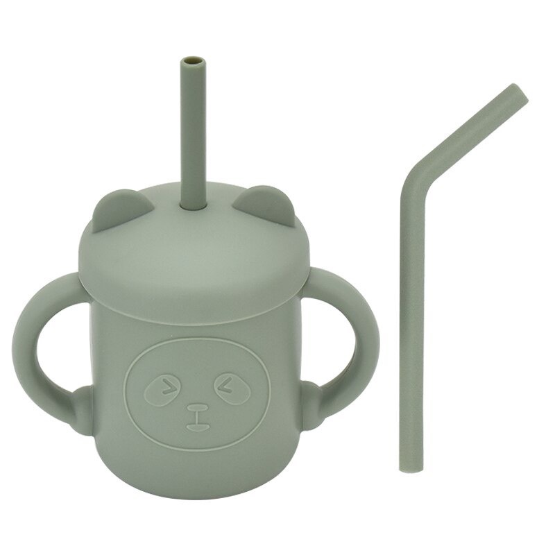 Ca cốc Gấu Silicon có nắp 2 ống hút 180ml phong cách Hàn Quốc cho bé