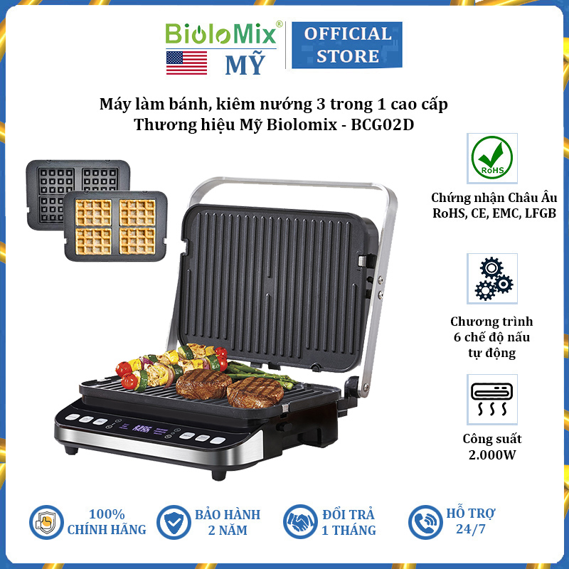 Máy làm bánh kiêm nướng 3 trong 1 cao cấp Biolomix BCG02D - Công suất 2000W - HÀNG NHẬP KHẨU