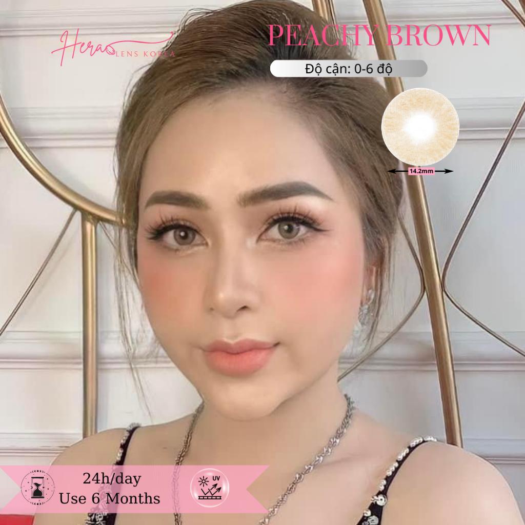 Kính Áp Tròng Hera Nâu Hồng Đào 0 - 6 Độ PEACHY BROWN Nhập Khẩu Hàn Quốc Lens Cận 6 Tháng