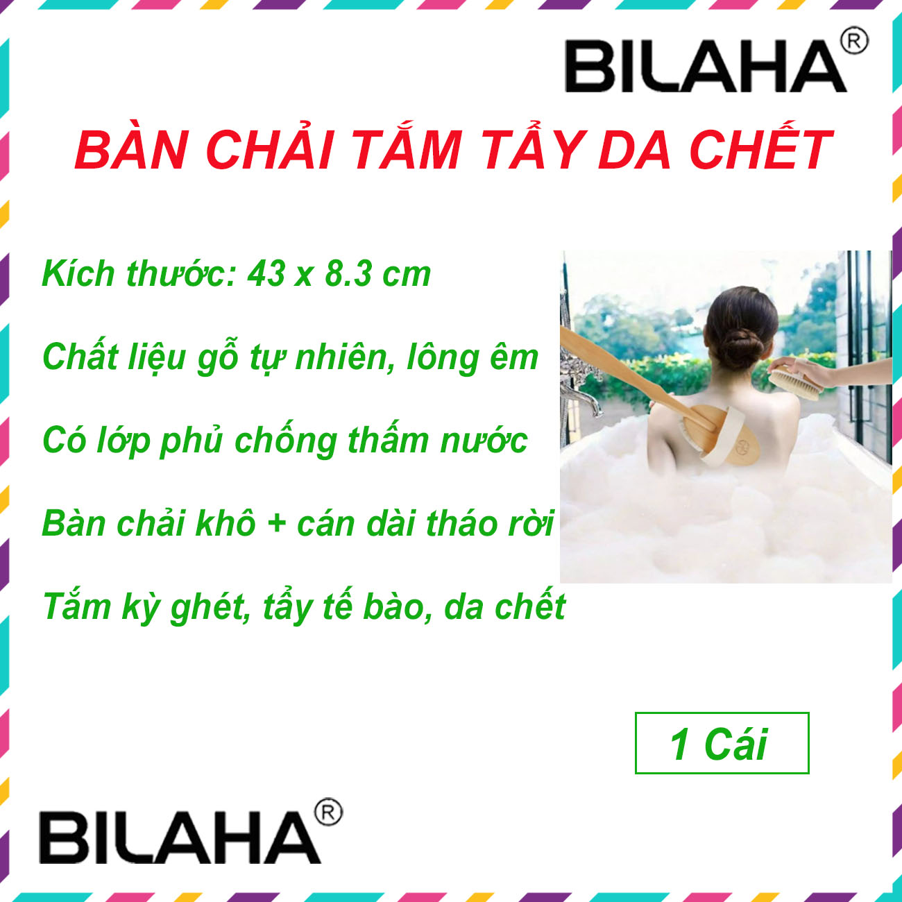 Bàn chải chà lưng cán gỗ dài tiện dụng, cây cọ lưng chà lưng tắm với sữa tắm cực sạch B0123