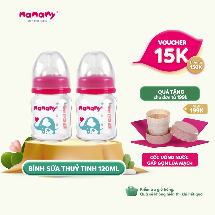 Combo 2 bình sữa Mamamy 120ml/chai chống sặc, chống đầy hơi an toàn cho bé (Nhiều size)