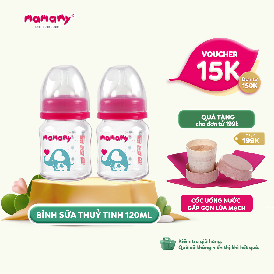 Combo 2 bình sữa Mamamy 120ml/chai chống sặc, chống đầy hơi an toàn cho bé
