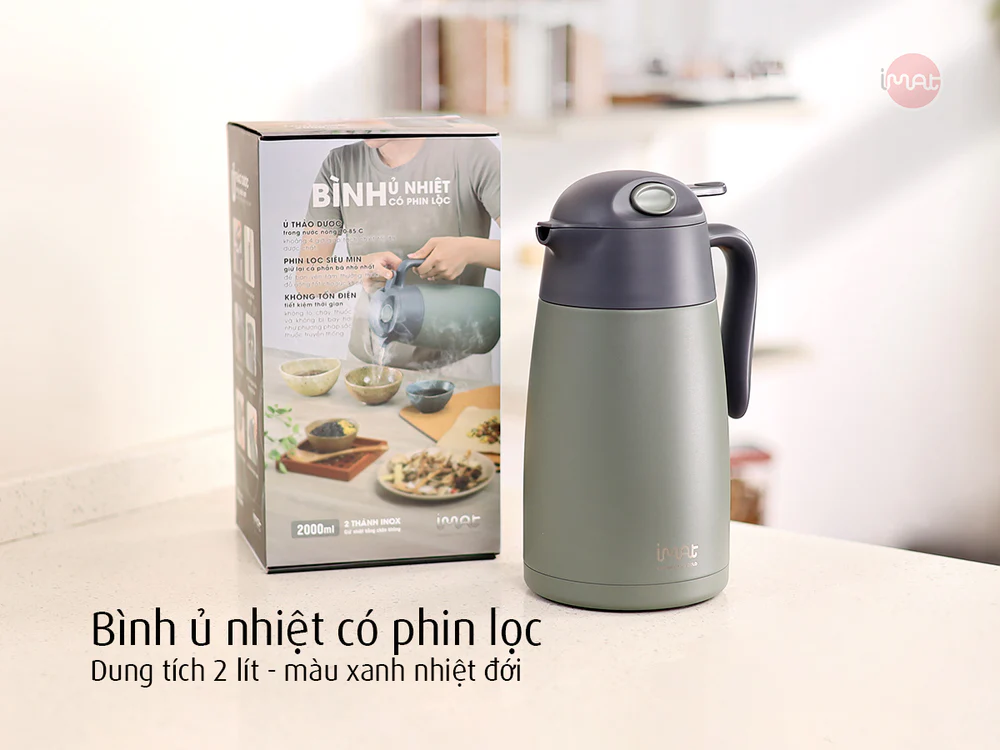 Bình ủ nhiệt Imat có phin lọc 2000ml màu xanh nhiệt đới, ruột bình, phin lọc làm bằng Inox 304