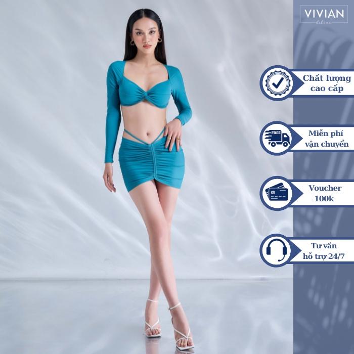 Đồ bơi nữ cao cấp dạng hai mảnh áo gọng tay dài, quần váy nhún phối dây cách điệu - Xanh da trời - VS195_BU