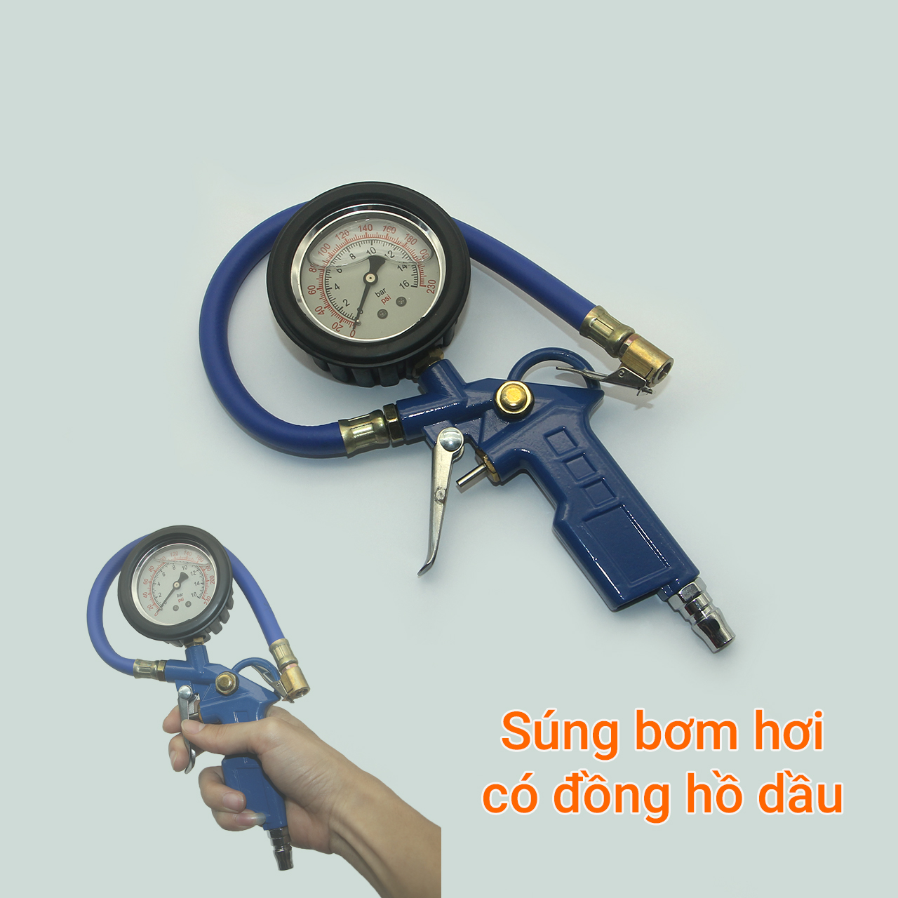 Súng bơm lốp xe có đồng hồ dầu và đầu bơm kẹp