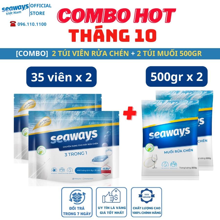 - 2 túi viên rửa chén bát SEAWAYS túi 35 viên + 2 túi muối 500gr dành cho mọi máy rửa chén