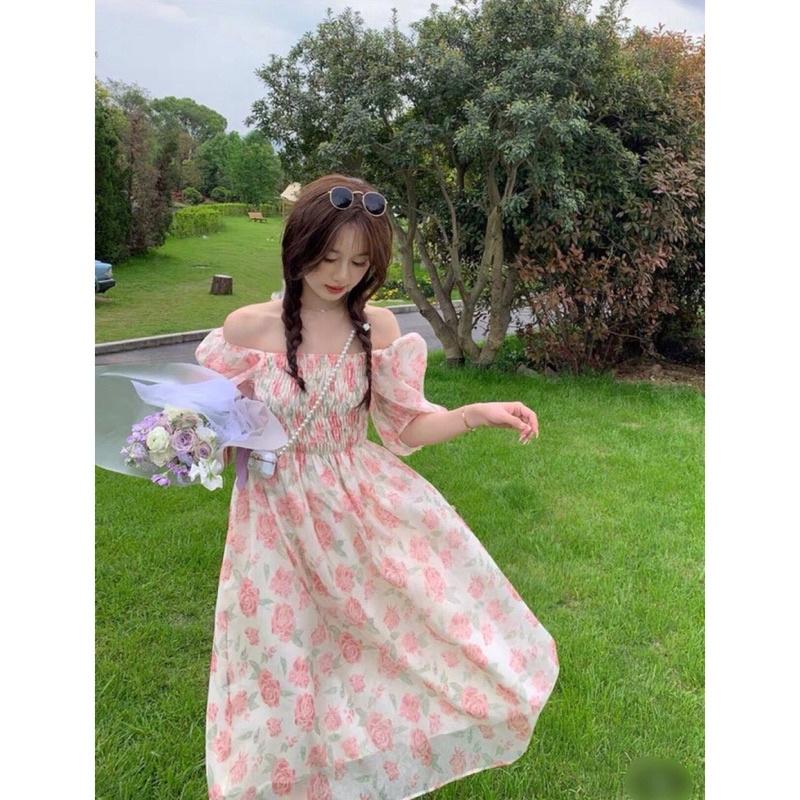 VÁY ĐẦM HOA HỒNG CHUN NGỰC TAY BỔNG MẶC 2 KIỂU “MYLI DRESS” TRỄ VAI TIỂU THƯ