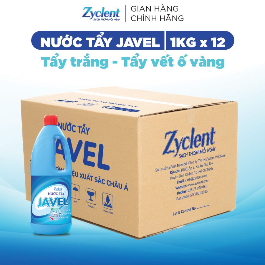 Thùng Nước tẩy trắng quần áo, tẩy vết ố vàng JAVEL Zyclent - (1KG x 12 CHAI)