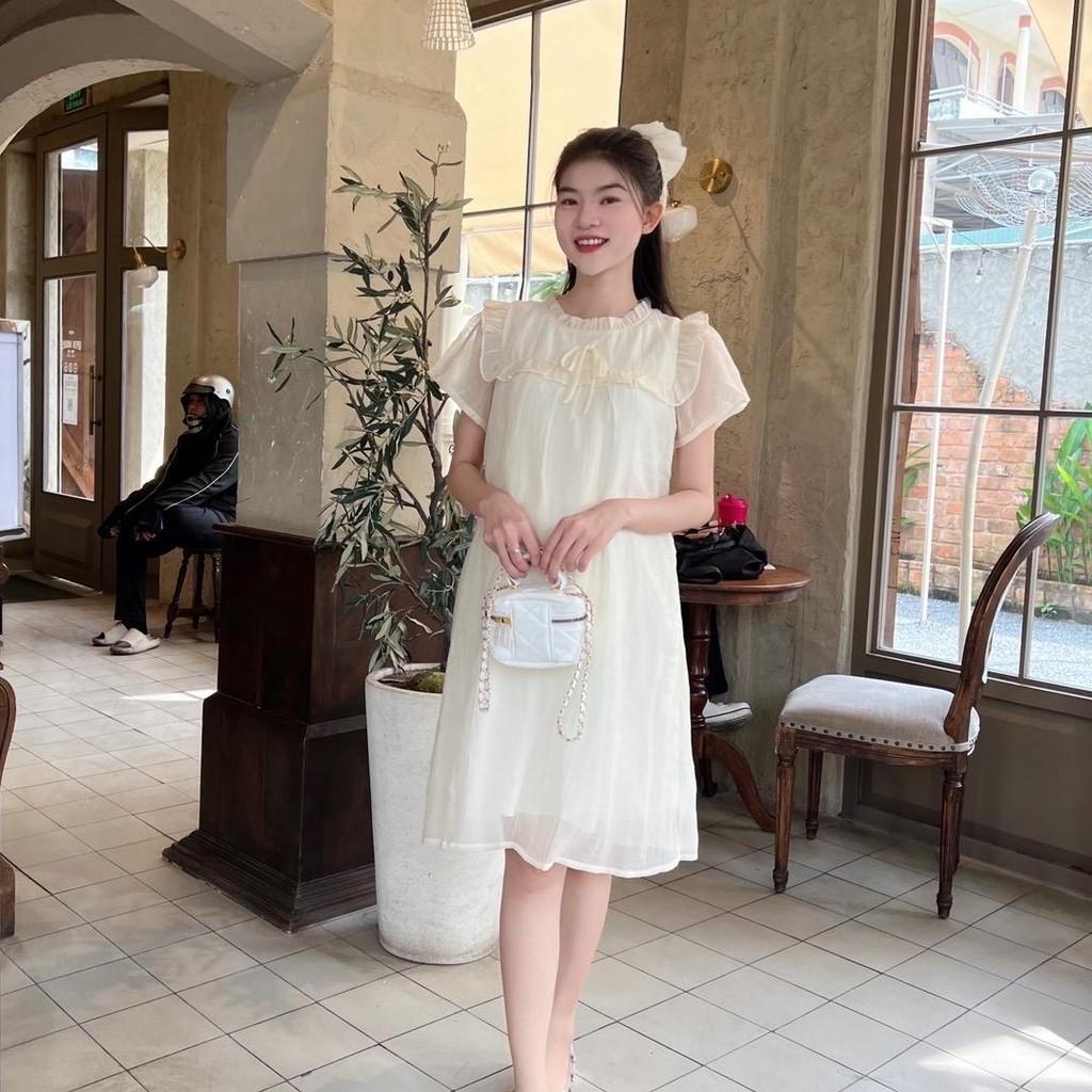 Đầm bầu tơ bèo quanh ngực đính nơ phom suông xinh xắn, đáng yêu - Xanh bơ