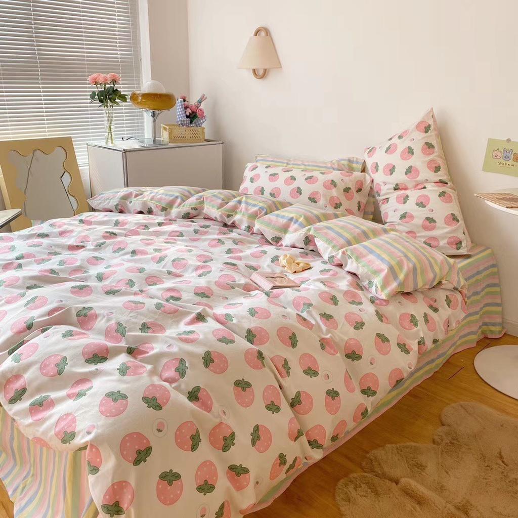 Bộ Chăn Ga Gối Cotton 100% - Dâu Tây Hồng