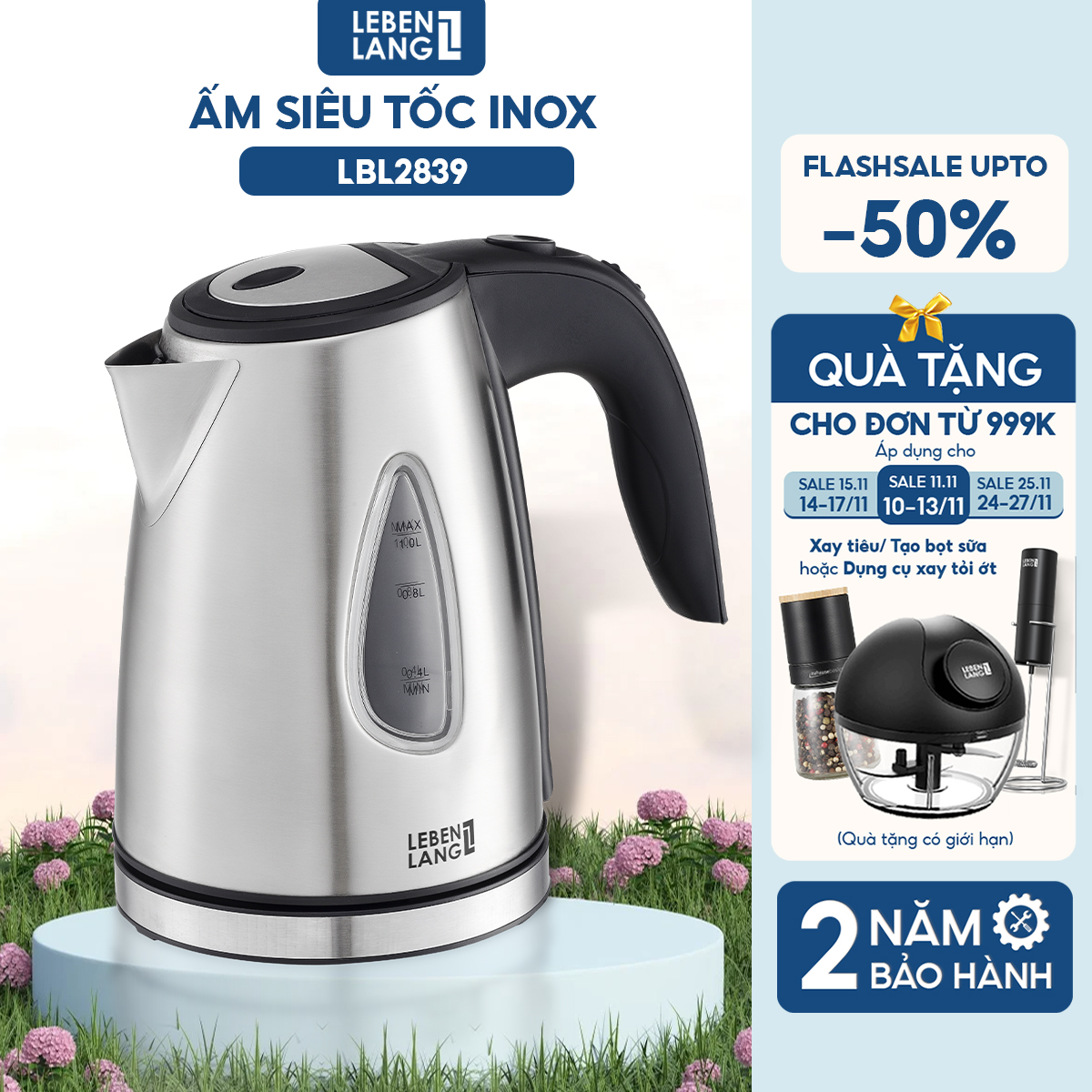 Ấm siêu tốc mini Lebenlang LBL2839, công suất 1630W, dung tích 1L, thiết kế nhỏ gọn, bảo hành 2 năm - hàng chính hãng