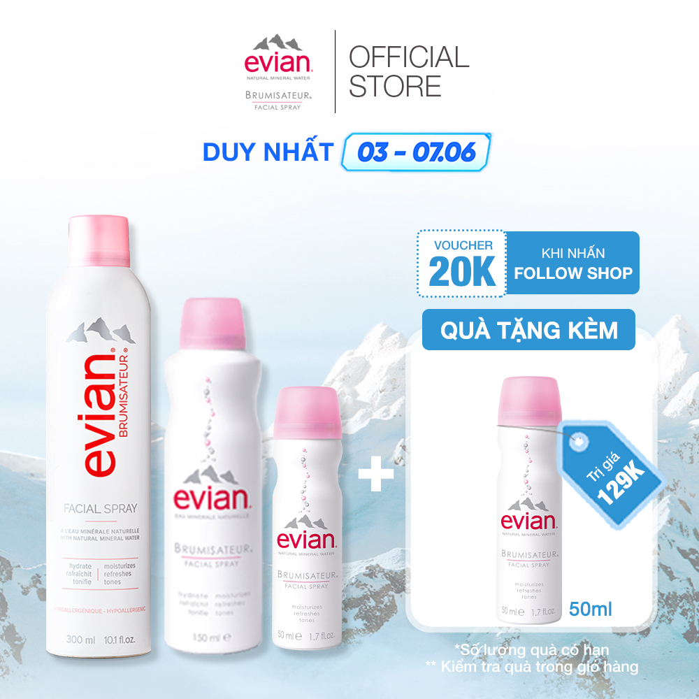 Combo 3 xịt khoáng cấp ẩm và làm dịu da Evian 300ml + 150ml + 50ml