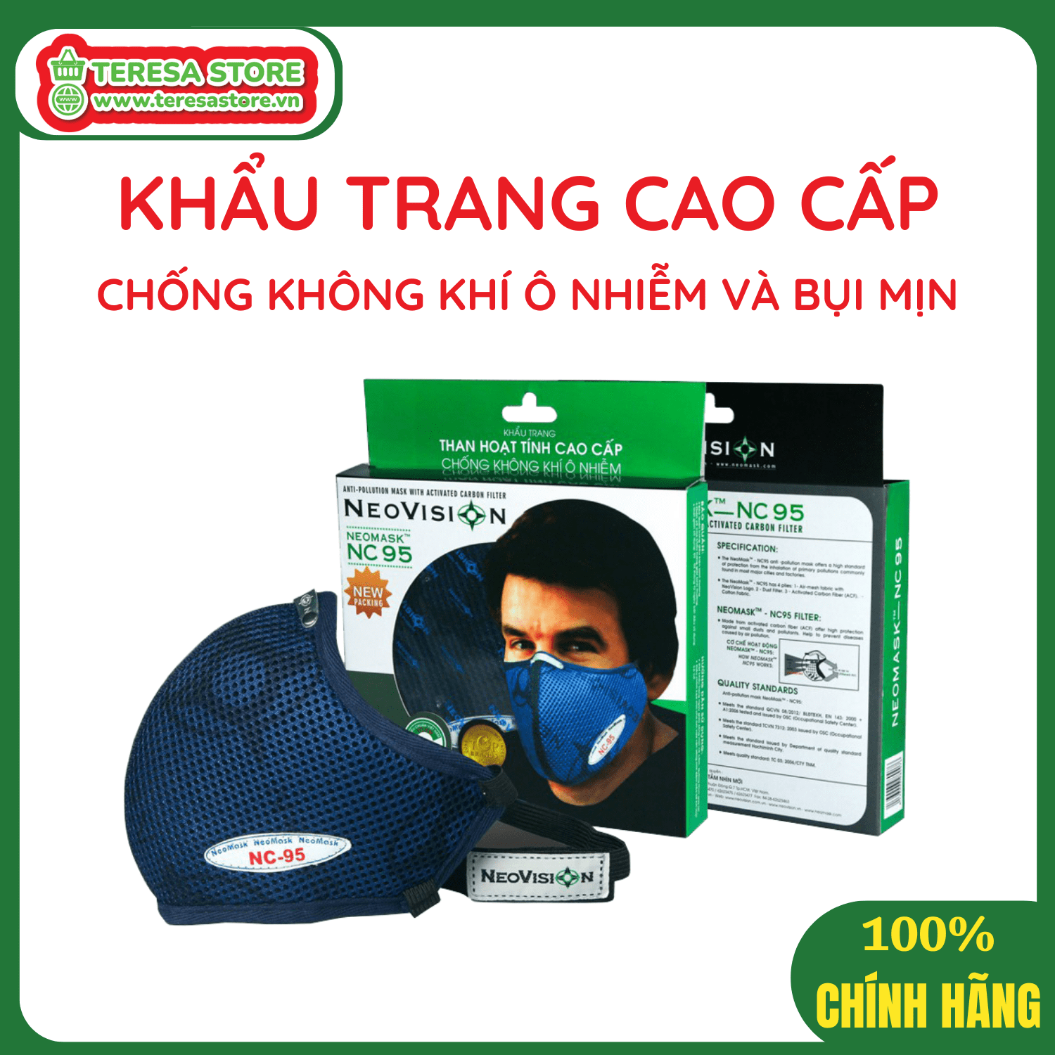 Khẩu trang than hoạt tính NeoVision - NeoMask NC95 ( chuẩn N95 - Có hộp) Chống bụi siêu mịn PM2.5, lọc khuẩn BFE &gt;95% (Được cấp bởi Nelson Lab),  kháng khuẩn, chống giọt bắn có thể giặt tái sử dụng nhiều lần- Xanh đậm