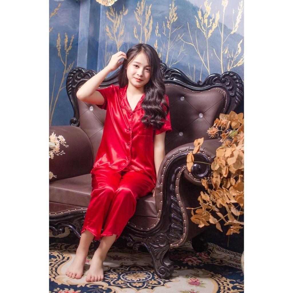 Đồ Bộ Pijama Lụa Mặc Nhà Viền Bèo Tay Cộc Phối Quần Dài Cao Cấp