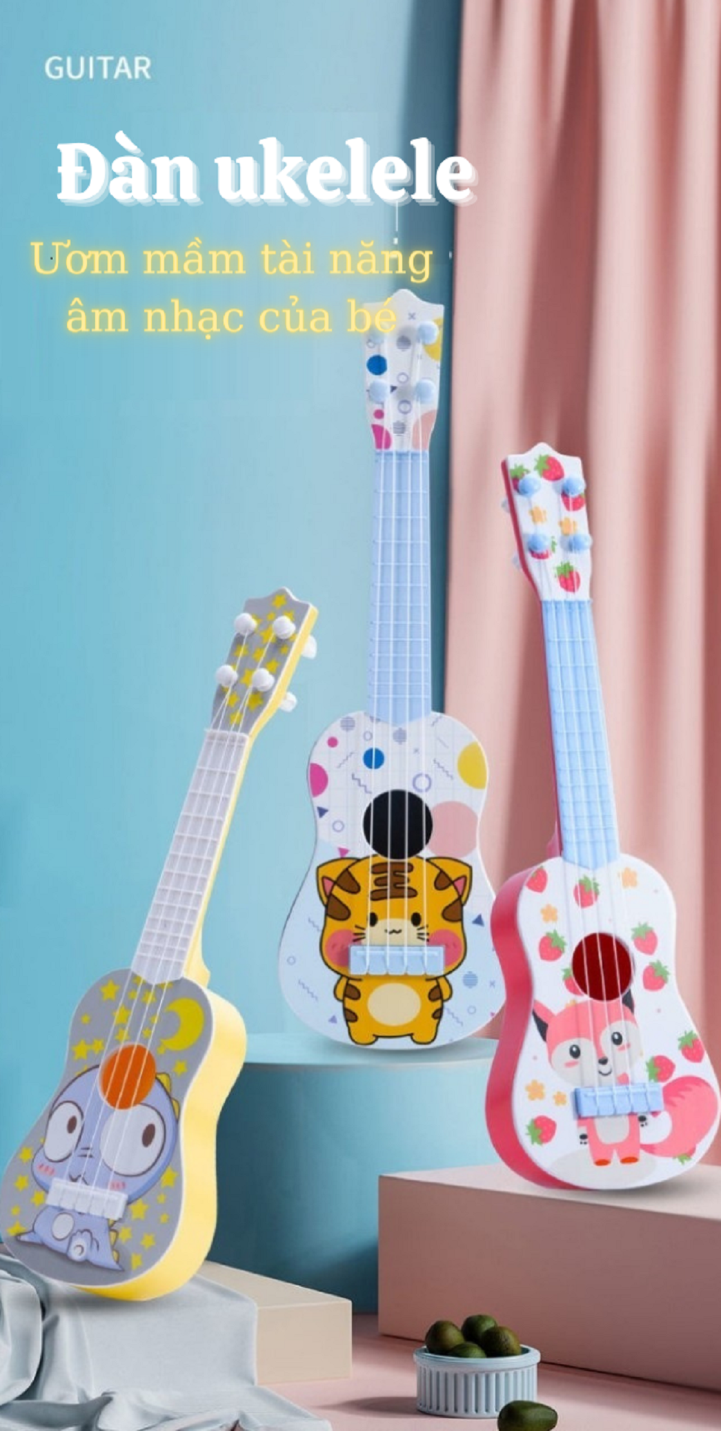 Đàn Ghita Ukelele mini đồ chơi dễ thương hoạt hình cho bé ĐÁNH ĐƯỢC NHƯ ĐÀN THẬT đồ chơi âm nhạc giáo dục sớm đồ trang trí chụp ảnh 3 size đàn phù hợp từng độ tuổi có hộp đẹp làm quà tặng BHI kids