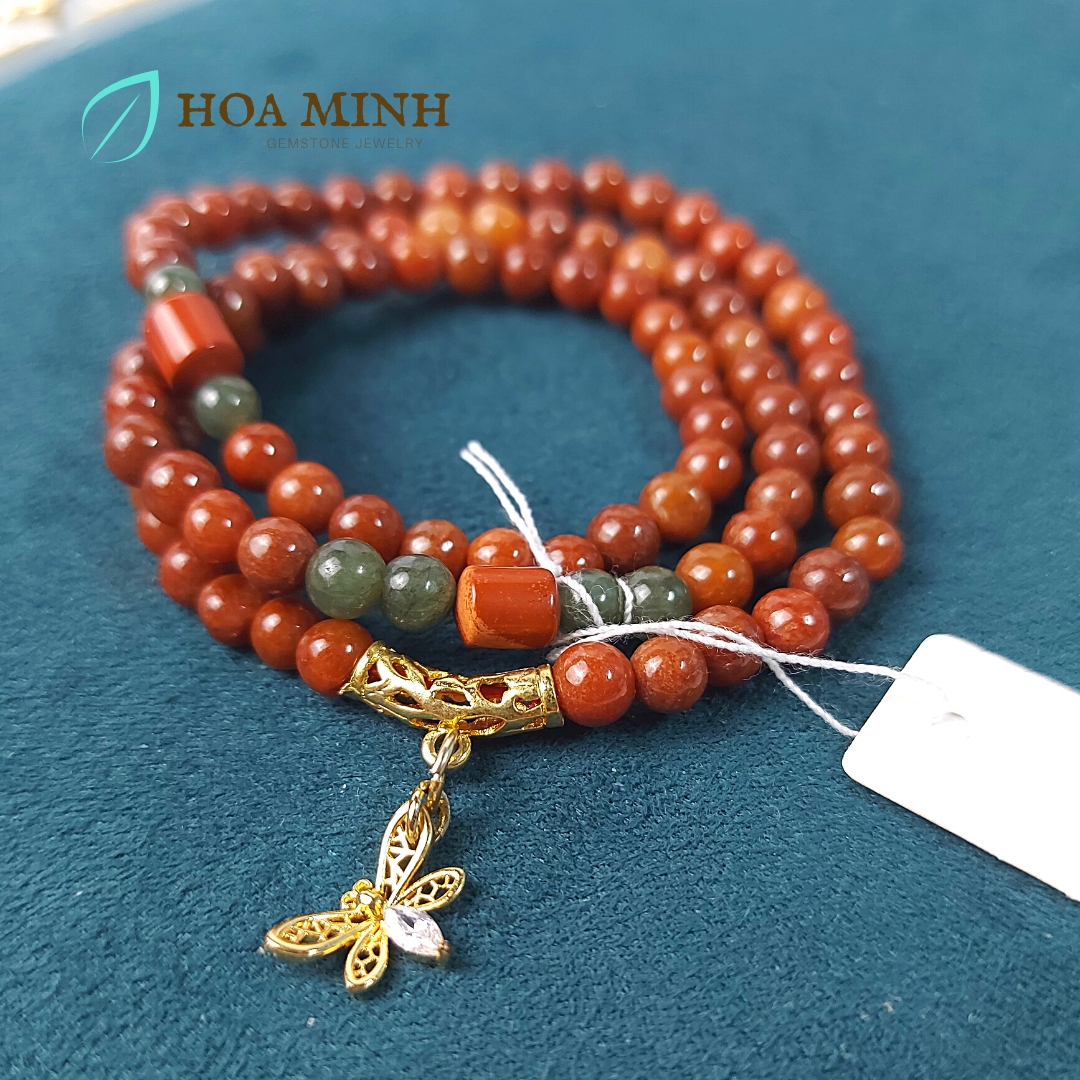 Vòng tay chuỗi Cẩm Thạch Huyết size 5.5 li phong cách đeo quấn 3 vòng phối charm bướm, ngọc jasper, có thể làm vòng cổ