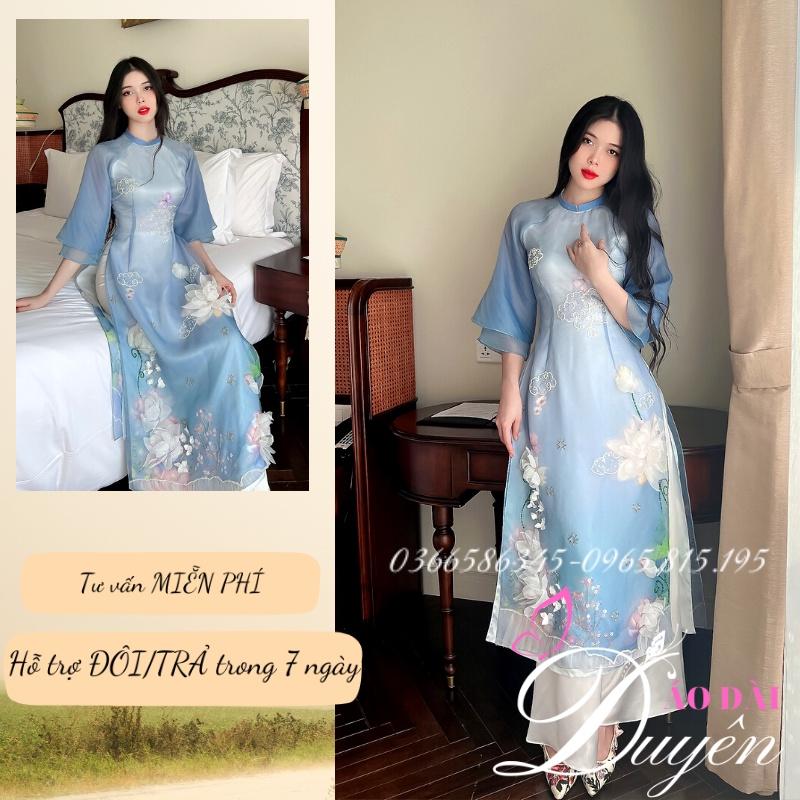 Áo dài cách tân 4tà vải organza cao cấp thêu hình sen 3D