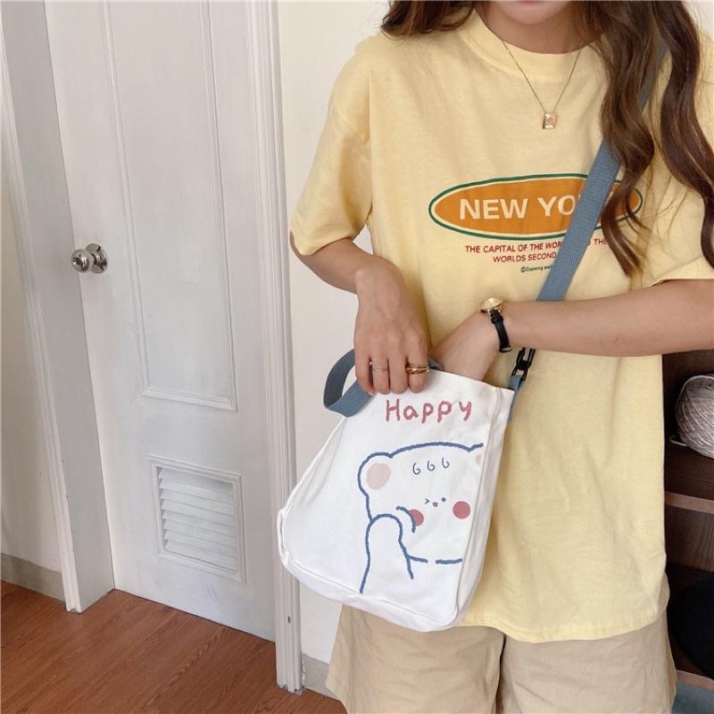 Túi Tote Túi Vải Canvas đeo vai YeahHappy siêu cute mang được 2 kiểu tiện lợi có dây kéo và ngăn phụ