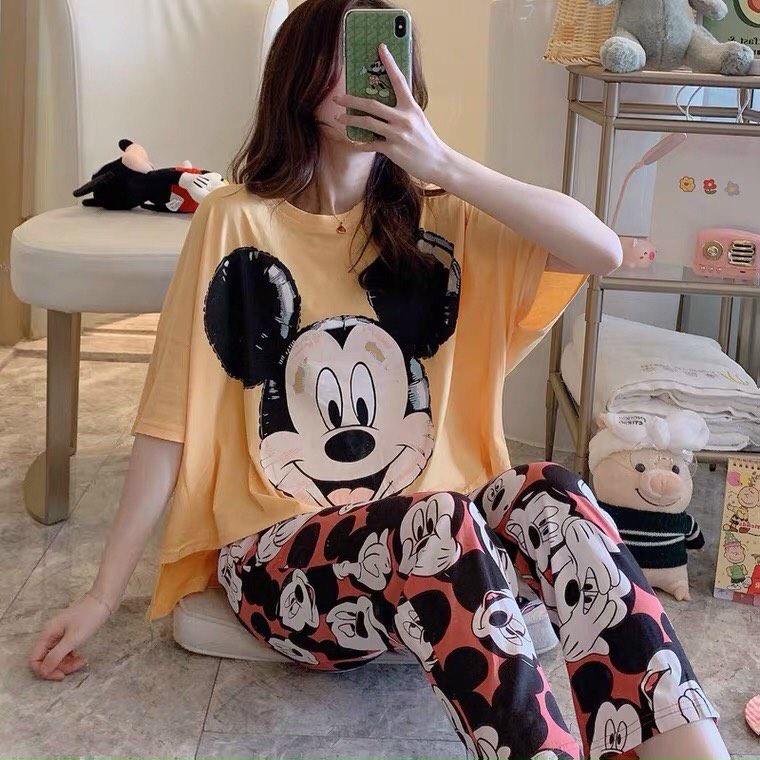 Set bộ đồ dành cho nữ, in hình chuột mickey dễ thương, áo cộc tay quần dài chất thun cotton mềm mại mát mẻ