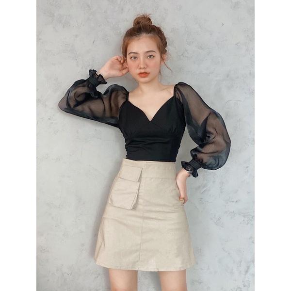 Áo croptop tay bồng organza 