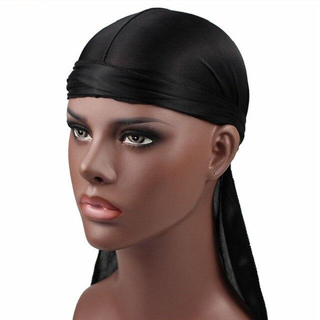 Satin men Stretchy Cap Hip Hop Du Doo Rag Durag Wigs Turban Bandana Headwear Solid Color long Hat Tie Down tail Hair Accessories