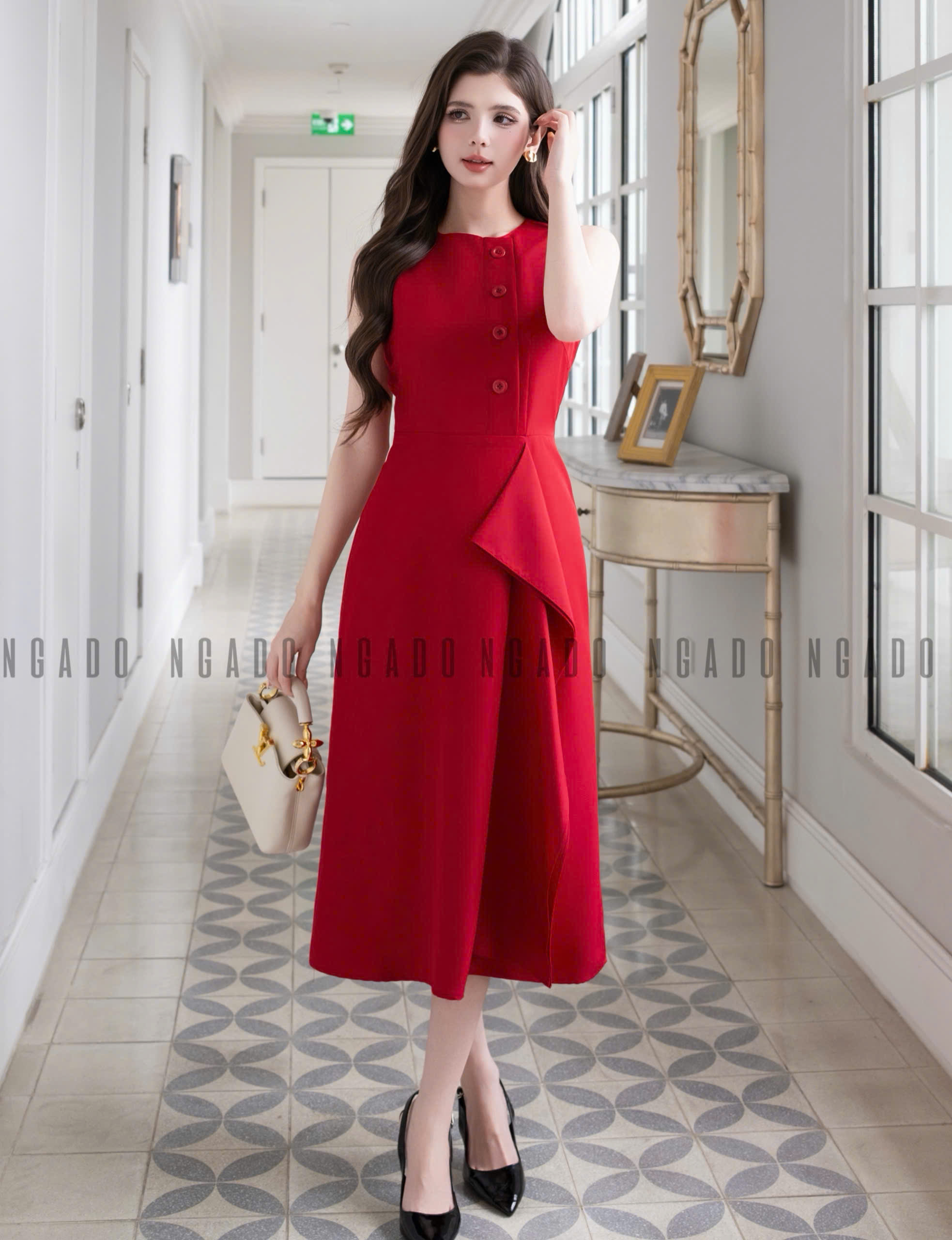 Đầm đỏ phối tà NGADO , đầm dáng midi , đầm dự tiệc , công sở