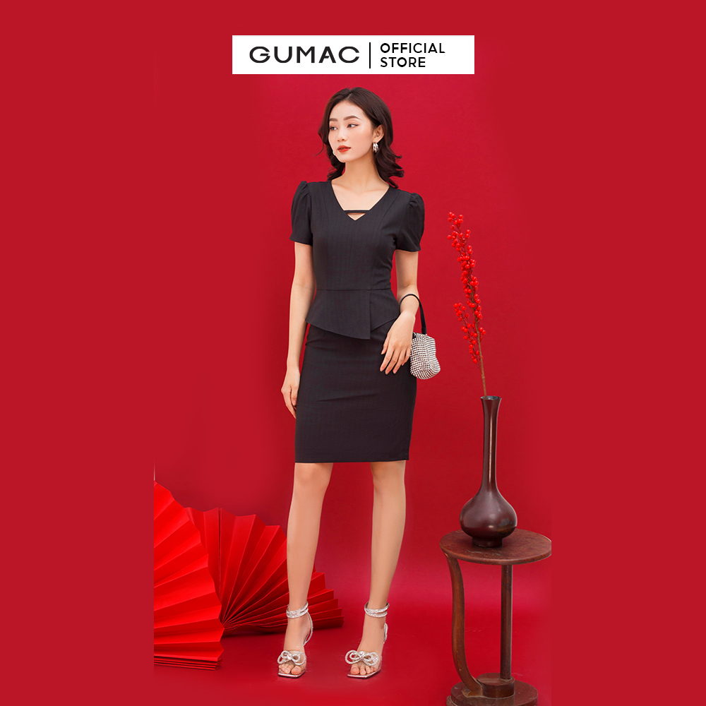Đầm dáng ôm GUMAC DC01040 body công sở thiết kế cổ V phối bèo