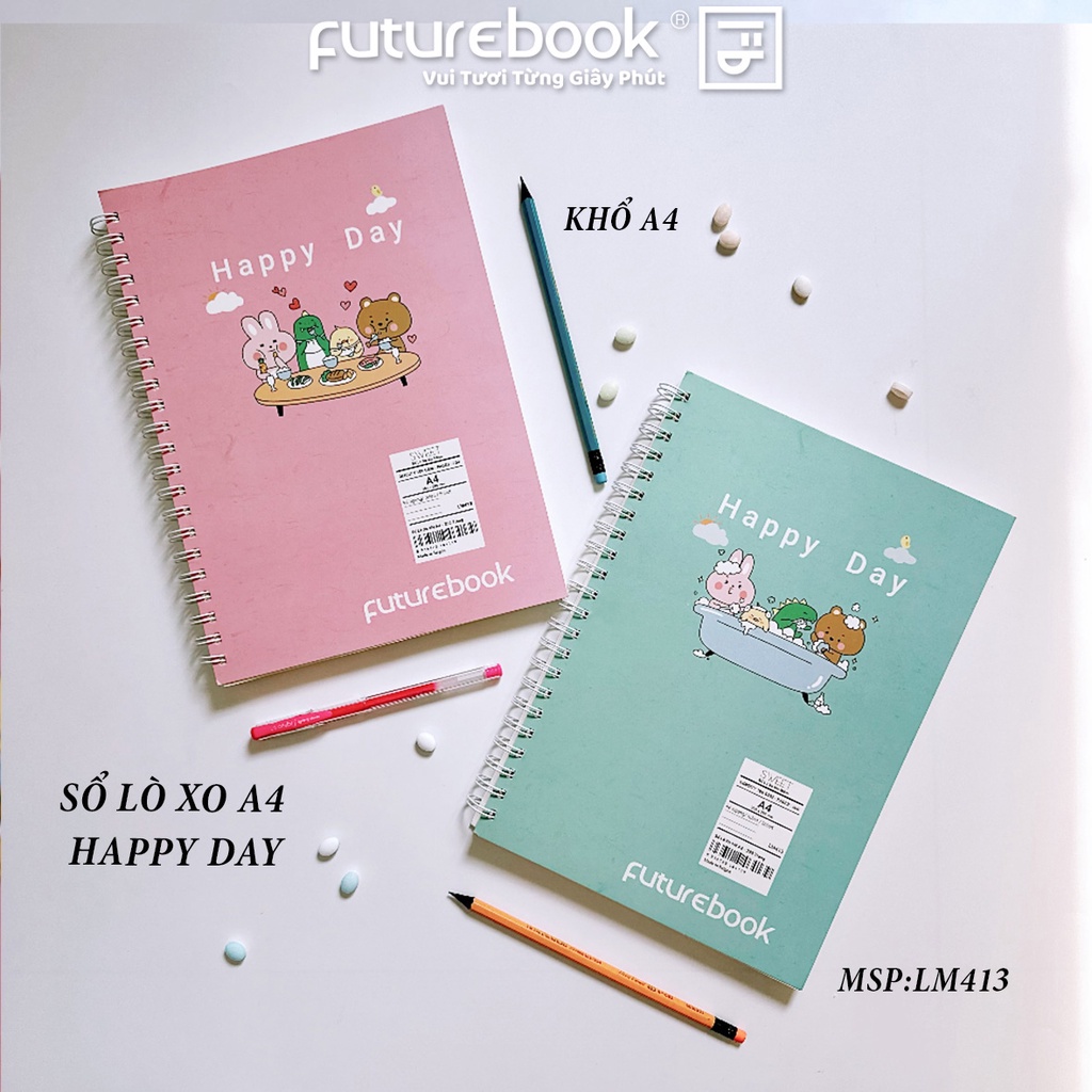 Sổ Lò Xo HAPPY DAY- Dòng Kẻ Ngang - Khổ A4- Mã SP: LM413 - Phong cách Hàn Quốc- VPP FUTUREBOOK.