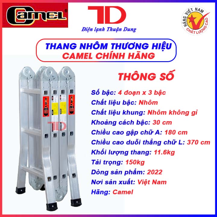 Thang nhôm gấp 4 đoạn CAMEL, Gập Chữ A, tải trọng 150Kg đa năng siêu bền - Điện Lạnh Thuận Dung